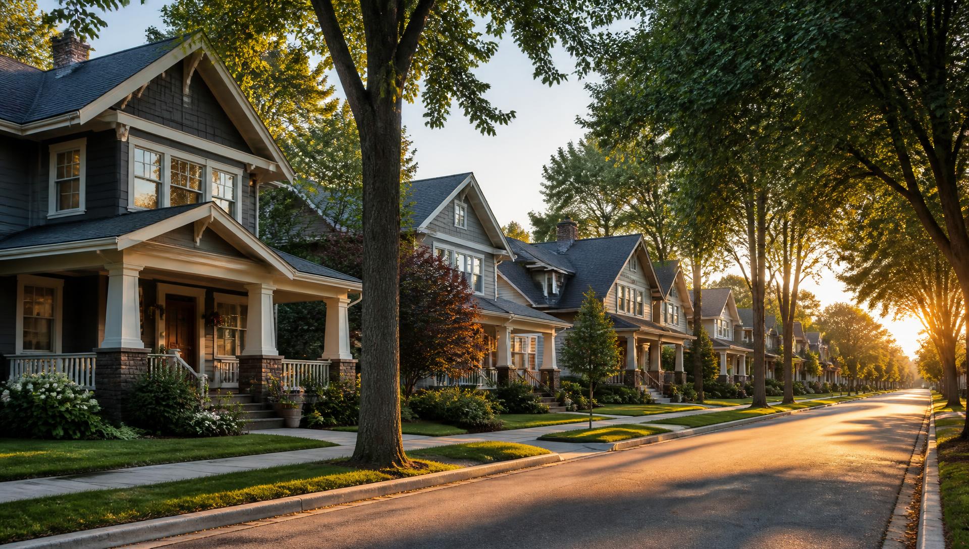 Tree-lined Michigan neighborhood street at golden hour
